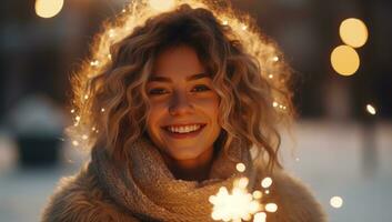 AI generated indie film of a bright sparkler woman in winter clothing holding a sparkler photo