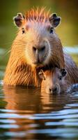 ai generado un adorable foto de un madre carpincho con su bebés, el amoroso enlace Entre estos animales