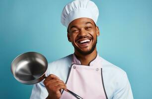 ai generado hombre en cocinero uniforme posando con un cucharón cocinero foto