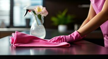 AI generated handwoman wipes a kitchen counter in pink cleaning gloves photo