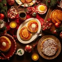 AI generated table set with Christmas-themed crockery, including pancakes, eggs, bacon, and hot cocoa. photo