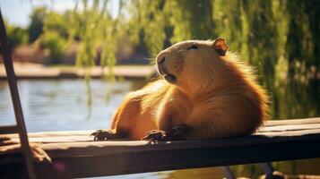 AI generated A relaxing photo of a capybara basking in the sun, enjoying a lazy afternoon