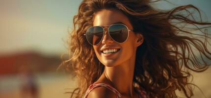 ai generado contento joven mujer con Gafas de sol en el playa foto