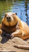 AI generated A relaxing photo of a capybara basking in the sun, enjoying a lazy afternoon