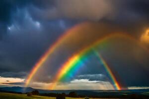 ai generado dos arcoiris son mostrado en el cielo terminado un campo foto