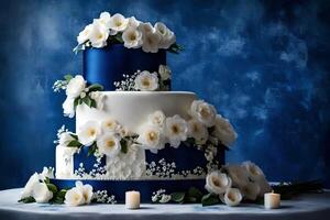 AI generated a blue and white wedding cake with white flowers photo