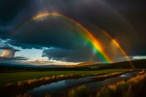 ai generado un arco iris aparece terminado un campo con agua y césped foto