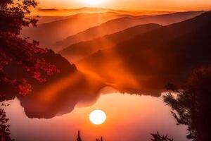 ai generado puesta de sol terminado el montañas, con un lago y arboles foto