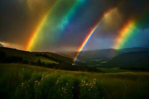 AI generated rainbow over the mountains photo