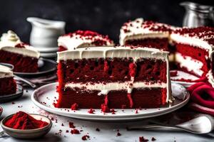 ai generado un rebanada de rojo terciopelo pastel en un plato foto