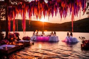 AI generated a wedding ceremony on the water with colorful hanging lights photo