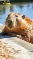 ai generado un relajante foto de un carpincho tomando el sol en el sol, disfrutando un perezoso tarde