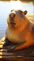 AI generated A relaxing photo of a capybara basking in the sun, enjoying a lazy afternoon