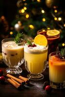 AI generated festive cocktails, including eggnog, mulled wine, and hot toddies for keeping warm on winters night. photo