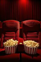 AI generated Cinema Seats with Popcorn and Drink photo