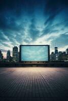 AI generated cinema screen with a cityscape in the background photo