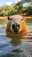 AI generated A relaxing photo of a capybara basking in the sun, enjoying a lazy afternoon