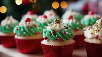 ai generado hermosamente decorado magdalenas con festivo rojo y verde Formación de hielo y comestible Navidad decoraciones foto