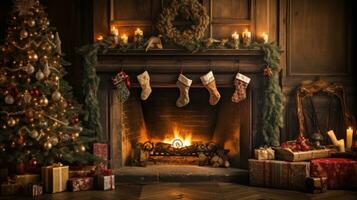 ai generado decorado Navidad árbol, regalos, y un rugido fuego en el hogar foto