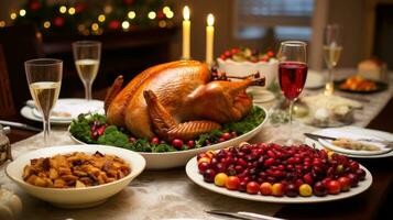 AI generated beautifully decorated dining table with a roasted turkey, cranberry sauce, and various side dishes photo