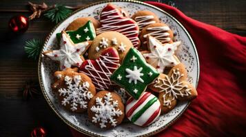 AI generated delicious Christmas cookies on a festive platter, great for a food blog or recipe website photo