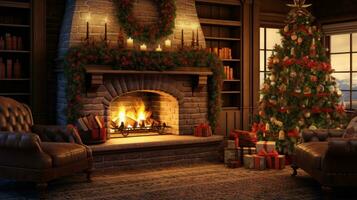 ai generado decorado Navidad árbol, regalos, y un rugido fuego en el hogar foto