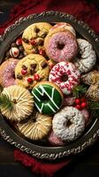 AI generated delicious Christmas cookies on a festive platter, great for a food blog or recipe website photo