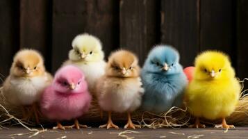 AI generated fluffy Easter chicks and colorful eggs set against a rustic background. photo