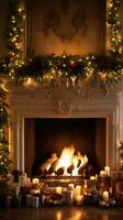 AI generated fireplace adorned with garland, twinkling lights, and stockings hung photo