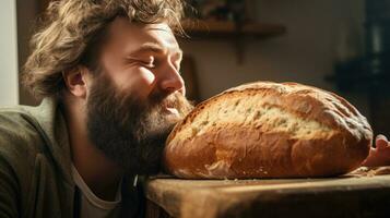 AI generated Man enjoying a slice of warm, freshly baked bread photo