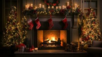 AI generated fireplace adorned with garland, twinkling lights, and stockings hung photo