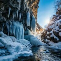 AI generated frozen waterfalls and icicles hanging from the cliffs photo