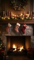 AI generated fireplace adorned with garland, twinkling lights, and stockings hung photo