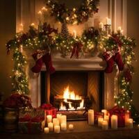 AI generated fireplace adorned with garland, twinkling lights, and stockings hung photo