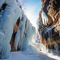 AI generated frozen waterfalls and icicles hanging from the cliffs photo