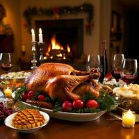 AI generated beautifully decorated dining table with a roasted turkey, cranberry sauce, and various side dishes photo