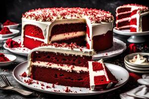 AI generated red velvet cake with a slice taken out photo