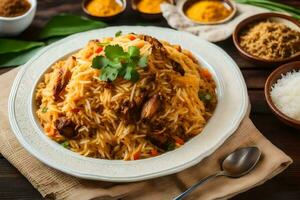 AI generated chicken biryani in a white bowl on a wooden table photo