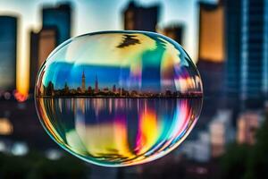 AI generated a bubble with a city skyline reflected in it photo