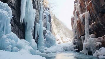 AI generated frozen waterfalls and icicles hanging from the cliffs photo