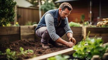 AI generated gardener kneeling in front of a raised garden bed, planting seeds photo