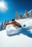 AI generated A snowboarder carving through a half-pipe, with a clear blue sky above photo