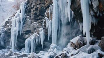 AI generated frozen waterfalls and icicles hanging from the cliffs photo