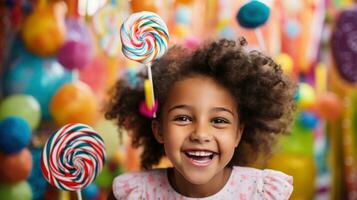 AI generated A young girl holding a giant lollipop and grinning happily photo