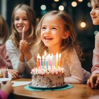 ai generado un joven niña soplo fuera velas en un pastel rodeado por su amigos foto