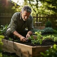 AI generated gardener kneeling in front of a raised garden bed, planting seeds photo