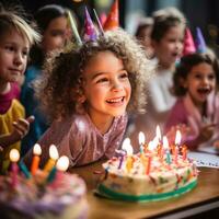 AI generated A young girl blowing out candles on a cake surrounded by her friends photo
