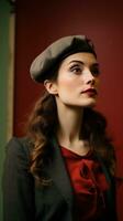 AI generated woman wearing a stylish beret, looking off into the distance with a thoughtful expression photo