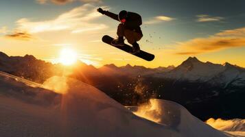 AI generated A snowboarder performing a backflip on a large jump, with the sun setting behind them photo