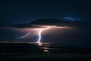 AI generated lightning strikes over a body of water and a mountain photo